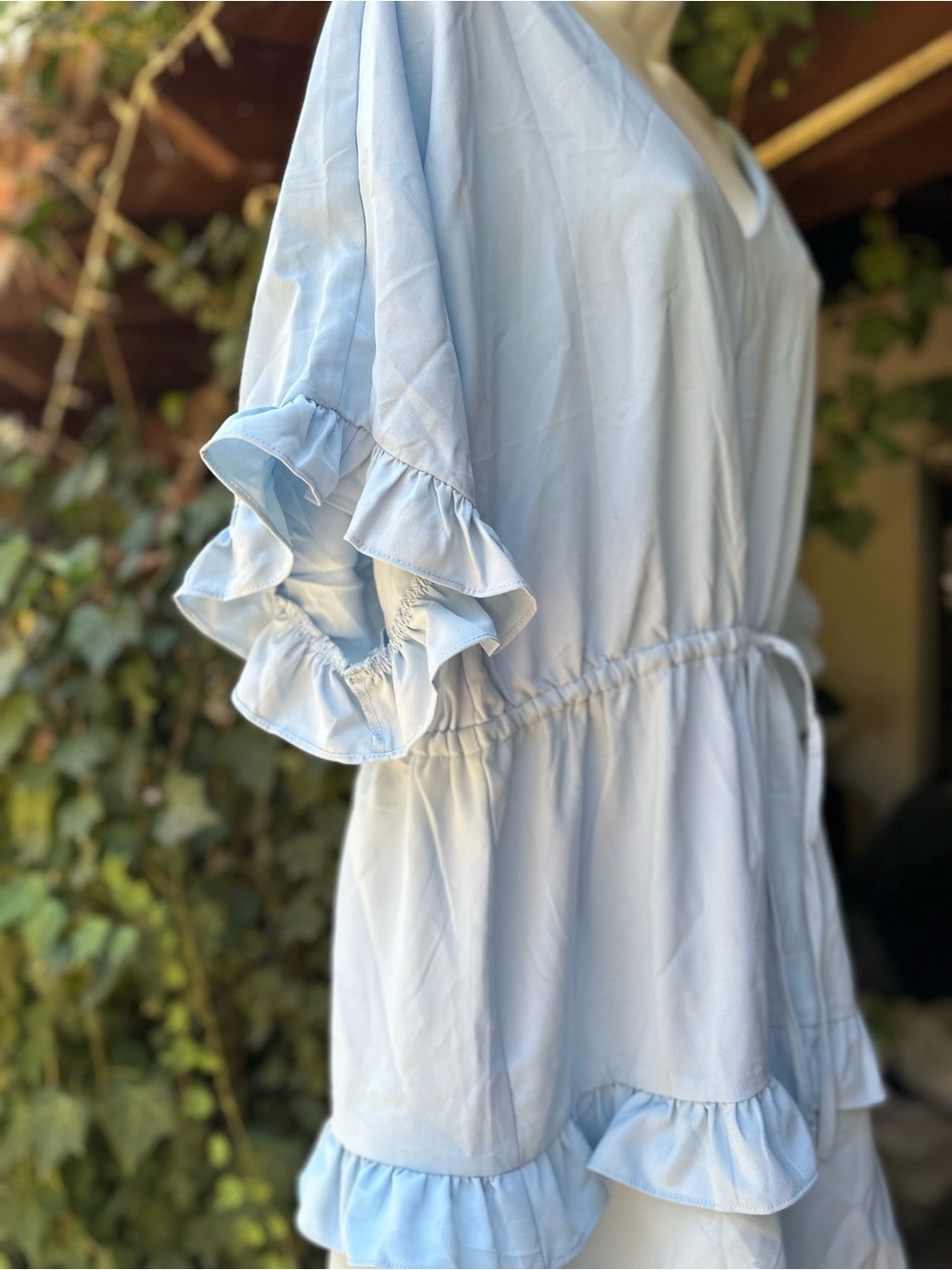 Light Blue V-Neck Ruffle Drawstring Tunic - Picture 3 of 6